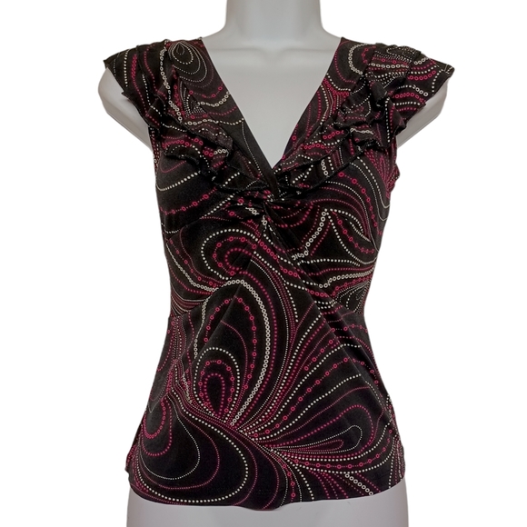 VOL 1 PETITE Pink White Polka Dot Swirl Print Black Stretchy Top Medium Petite - Picture 1 of 8